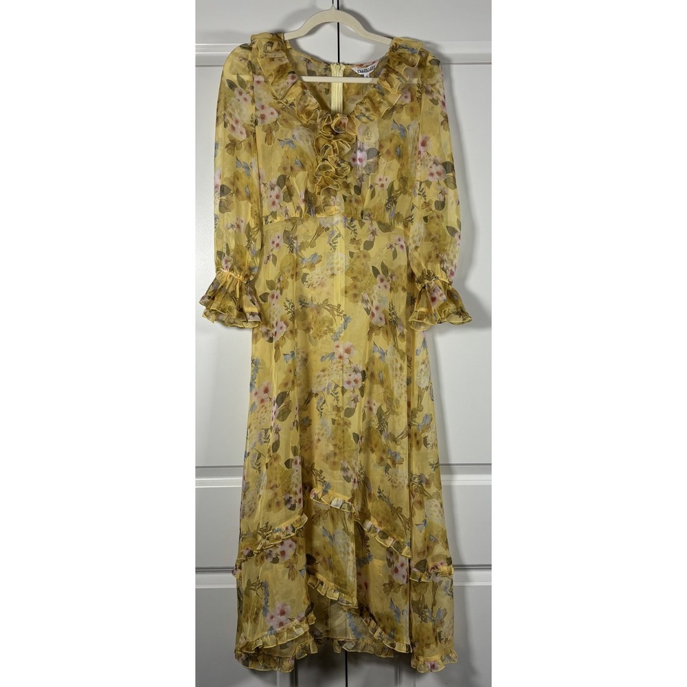 NWT Dabuwawa Womens Chiffon Maxi Dress Yellow Floral Cottagecore Tiered  Hem S